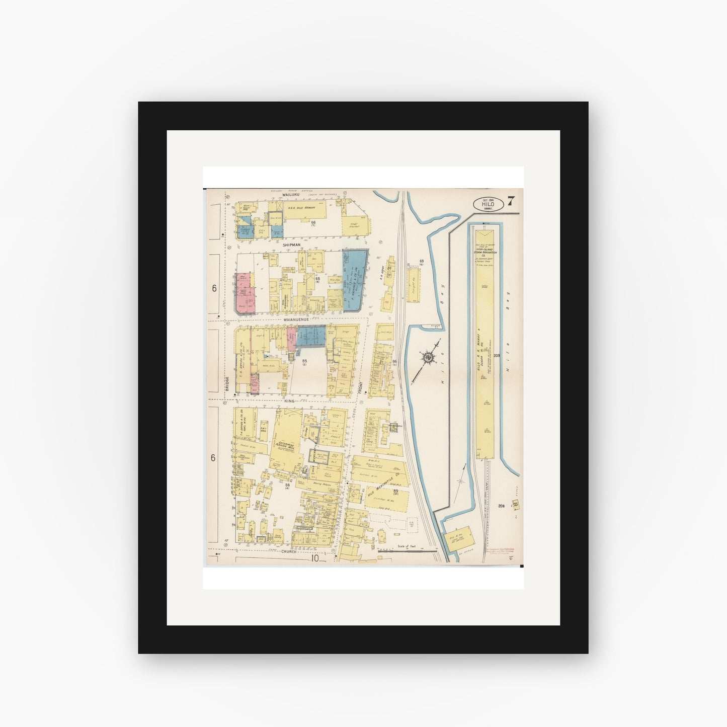 Old map wall art mockup — black gallery frame with white mat — Sanborn Fire Insurance Map from Hilo, Hawaii County, Hawaii (1914), Sheet #0007
