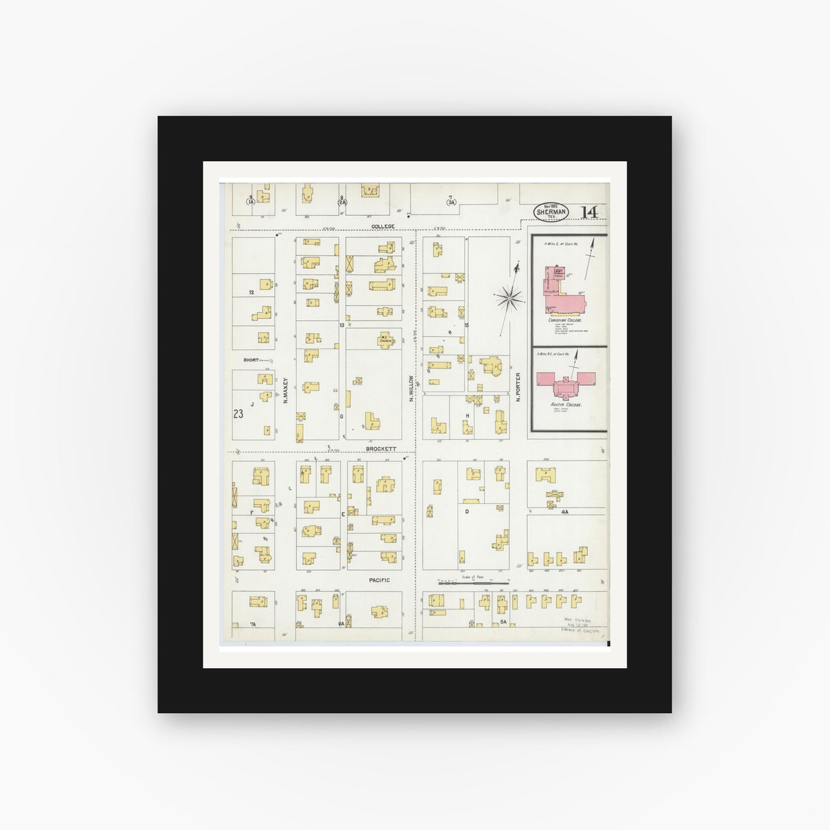 Old map wall art mockup — black gallery frame with white mat — Sanborn Fire Insurance Map from Sherman, Grayson County, Texas (1902), Sheet #0014