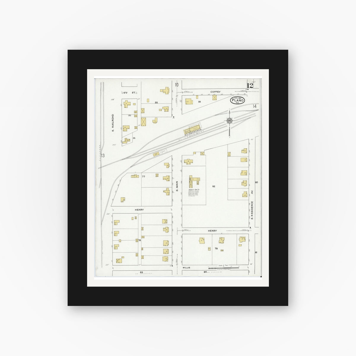 Old map wall art mockup — black gallery frame with white mat — Sanborn Fire Insurance Map from Plano, Collin County, Texas (1921), Sheet #0012