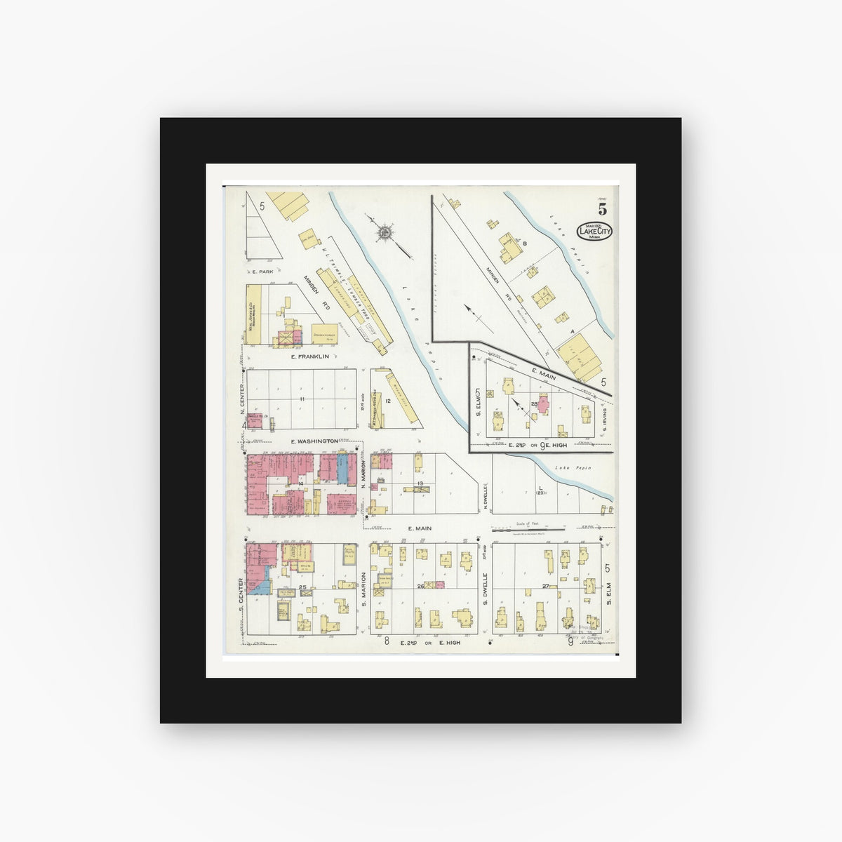 Old map wall art mockup — black gallery frame with white mat — Sanborn Fire Insurance Map from Lake City, Wabasha County, Minnesota (1921), Sheet #0005
