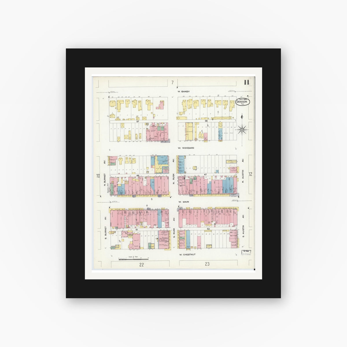 Old map wall art mockup — black gallery frame with white mat — Sanborn Fire Insurance Map from Denison, Grayson County, Texas (1908), Sheet #0011