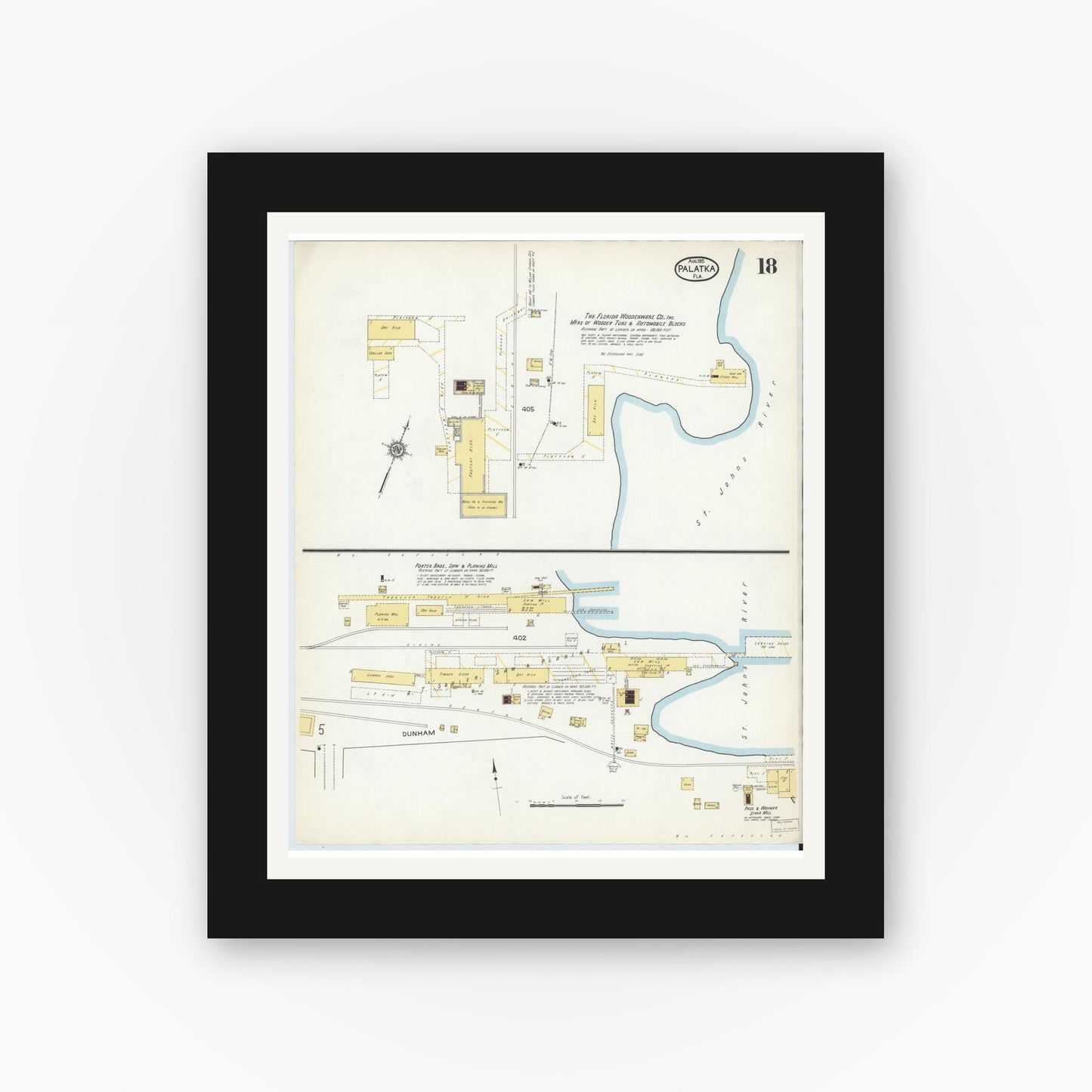 Old map wall art mockup — black gallery frame with white mat — Sanborn Fire Insurance Map from Palatka, Putnam County, Florida (1915), Sheet #0018
