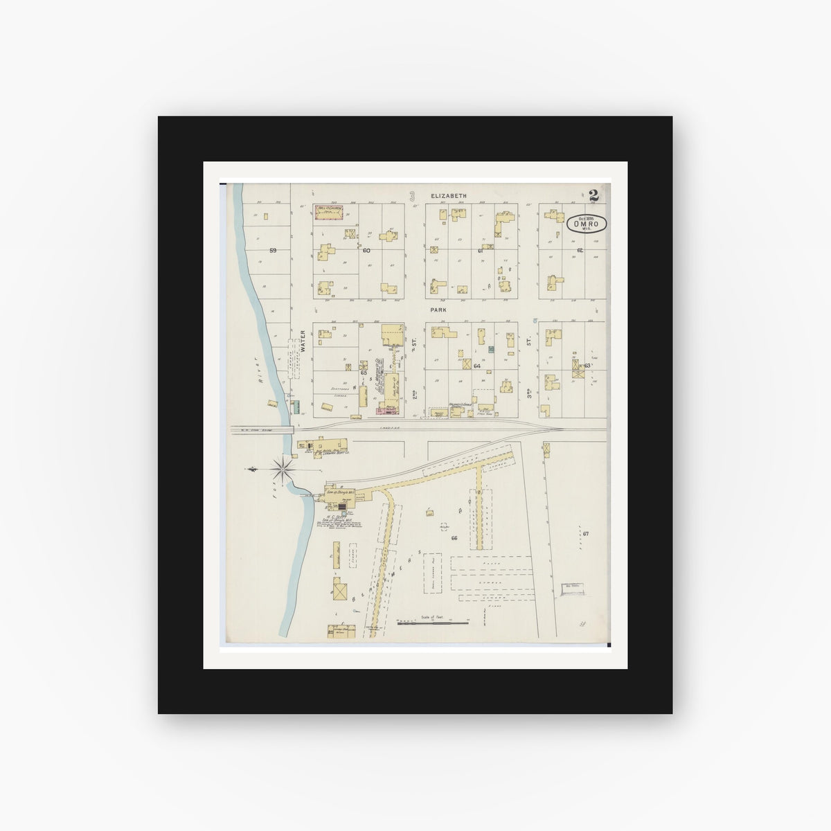 Old map wall art mockup — black gallery frame with white mat — Sanborn Fire Insurance Map from Omro, Winnebago County, Wisconsin (1895), Sheet #0002
