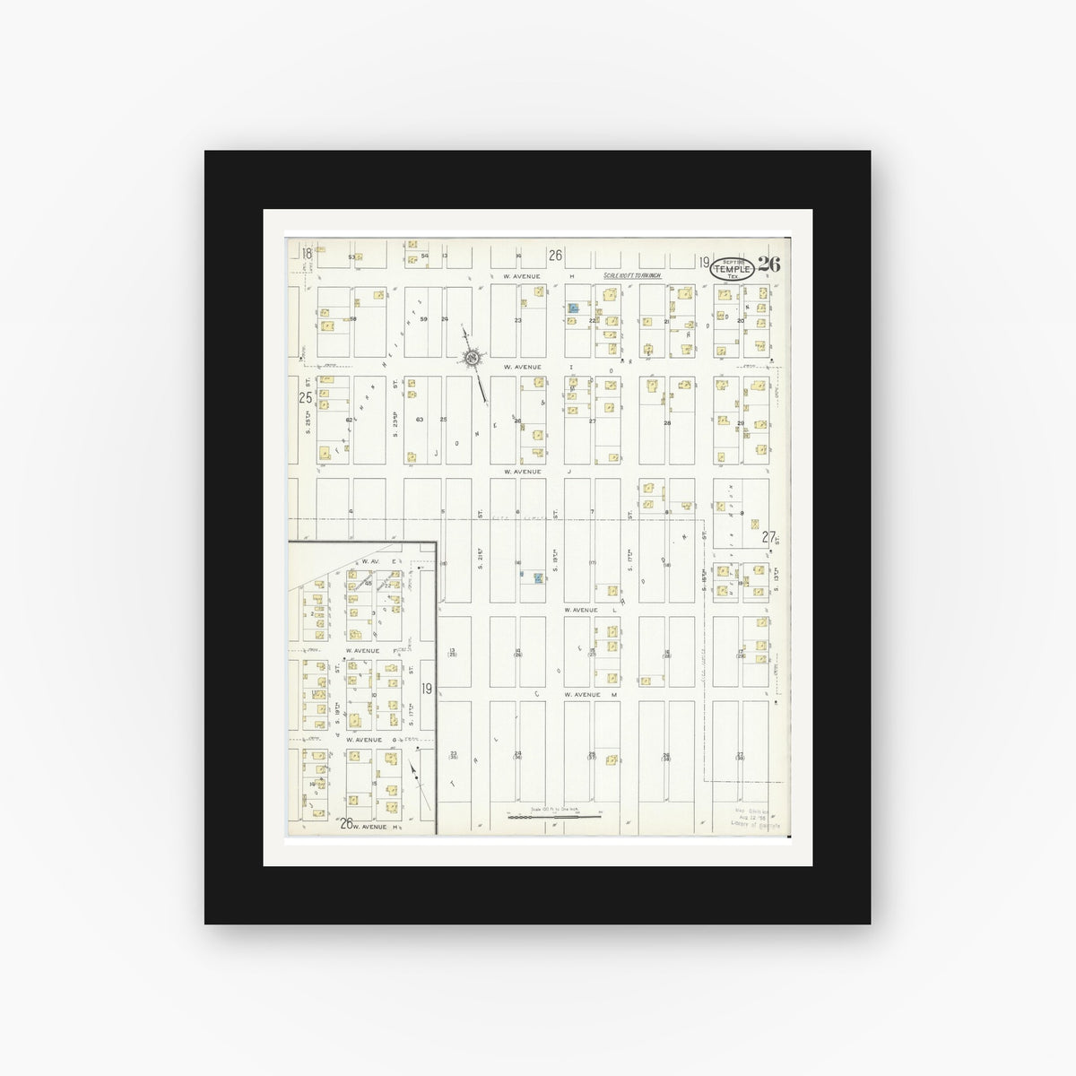 Old map wall art mockup — black gallery frame with white mat — Sanborn Fire Insurance Map from Temple, Bell County, Texas (1915), Sheet #0026
