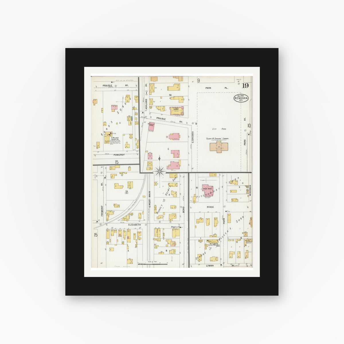Old map wall art mockup — black gallery frame with white mat — Sanborn Fire Insurance Map from Kenosha, Kenosha County, Wisconsin (1900), Sheet #0019