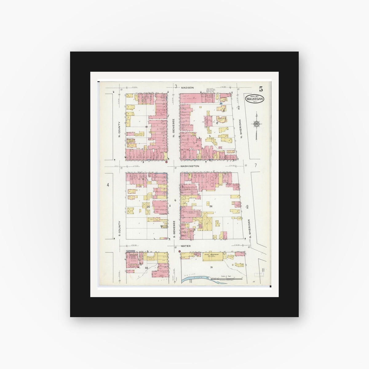 Old map wall art mockup — black gallery frame with white mat — Sanborn Fire Insurance Map from Waukegan, Lake County, Illinois (1917), Sheet #0005