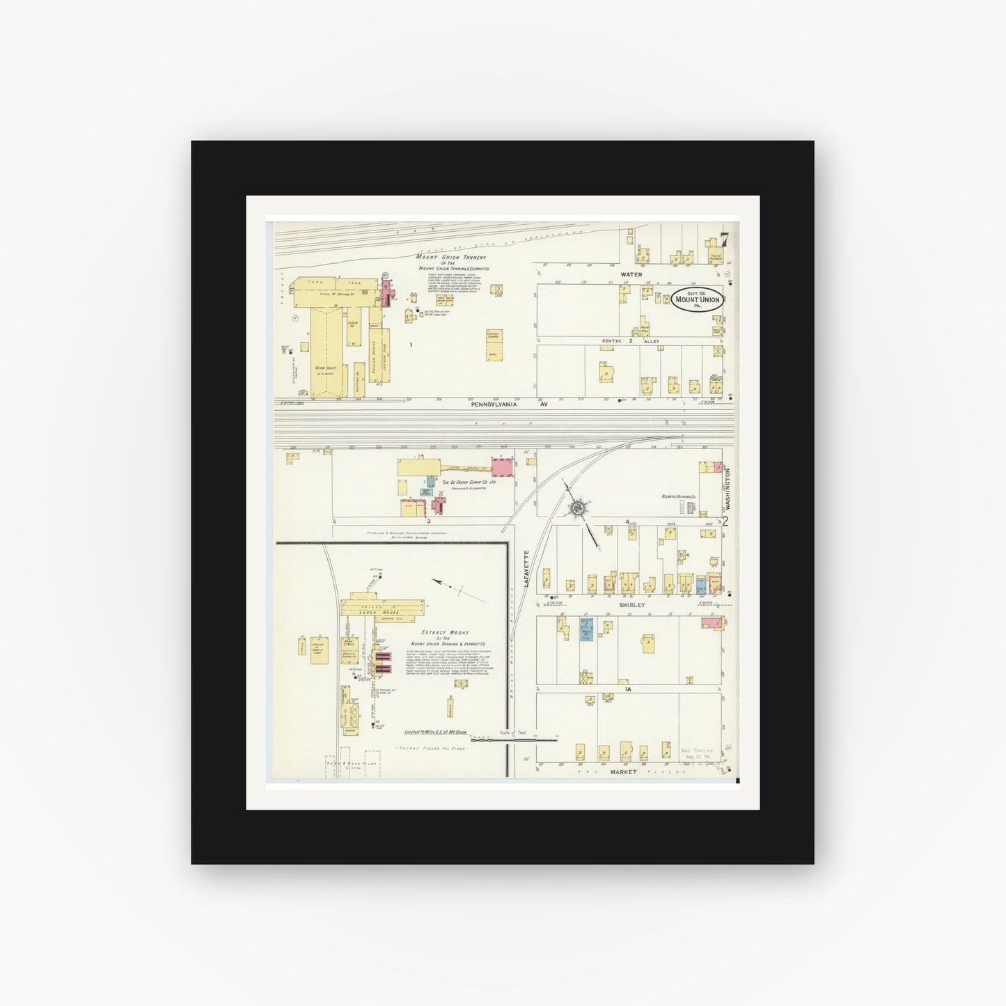 Old map wall art mockup — black gallery frame with white mat — Sanborn Fire Insurance Map from Mount Union, Huntingdon County, Pennsylvania (1911), Sheet #0007