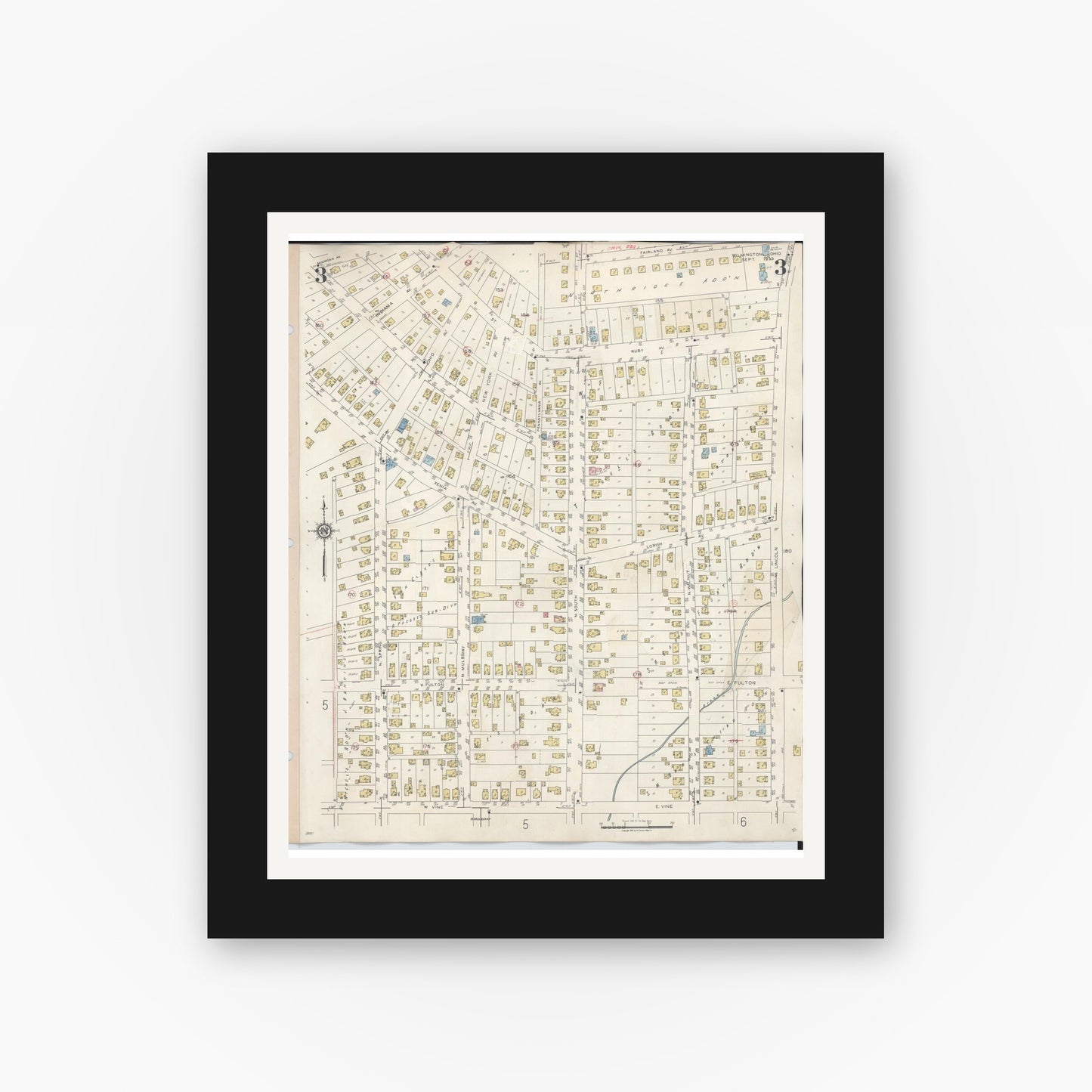 Old map wall art mockup — black gallery frame with white mat — Sanborn Fire Insurance Map from Wilmington, Clinton County, Ohio (1949), Sheet #0003