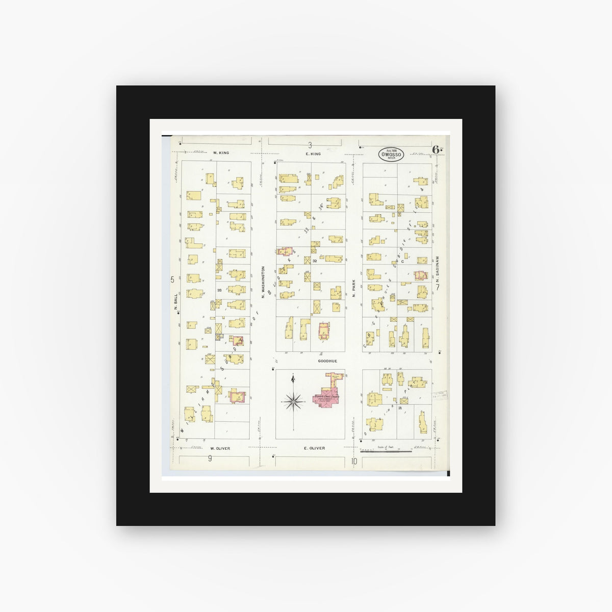 Old map wall art mockup — black gallery frame with white mat — Sanborn Fire Insurance Map from Owosso, Shiawassee County, Michigan (1908), Sheet #0006