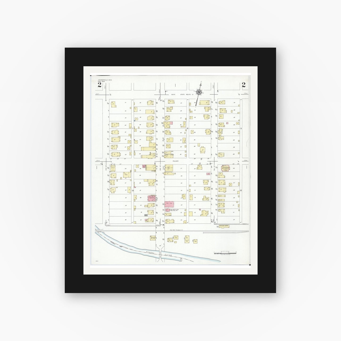 Old map wall art mockup — black gallery frame with white mat — Sanborn Fire Insurance Map from Jacksonville, Athens County, Ohio (1948), Sheet #0002