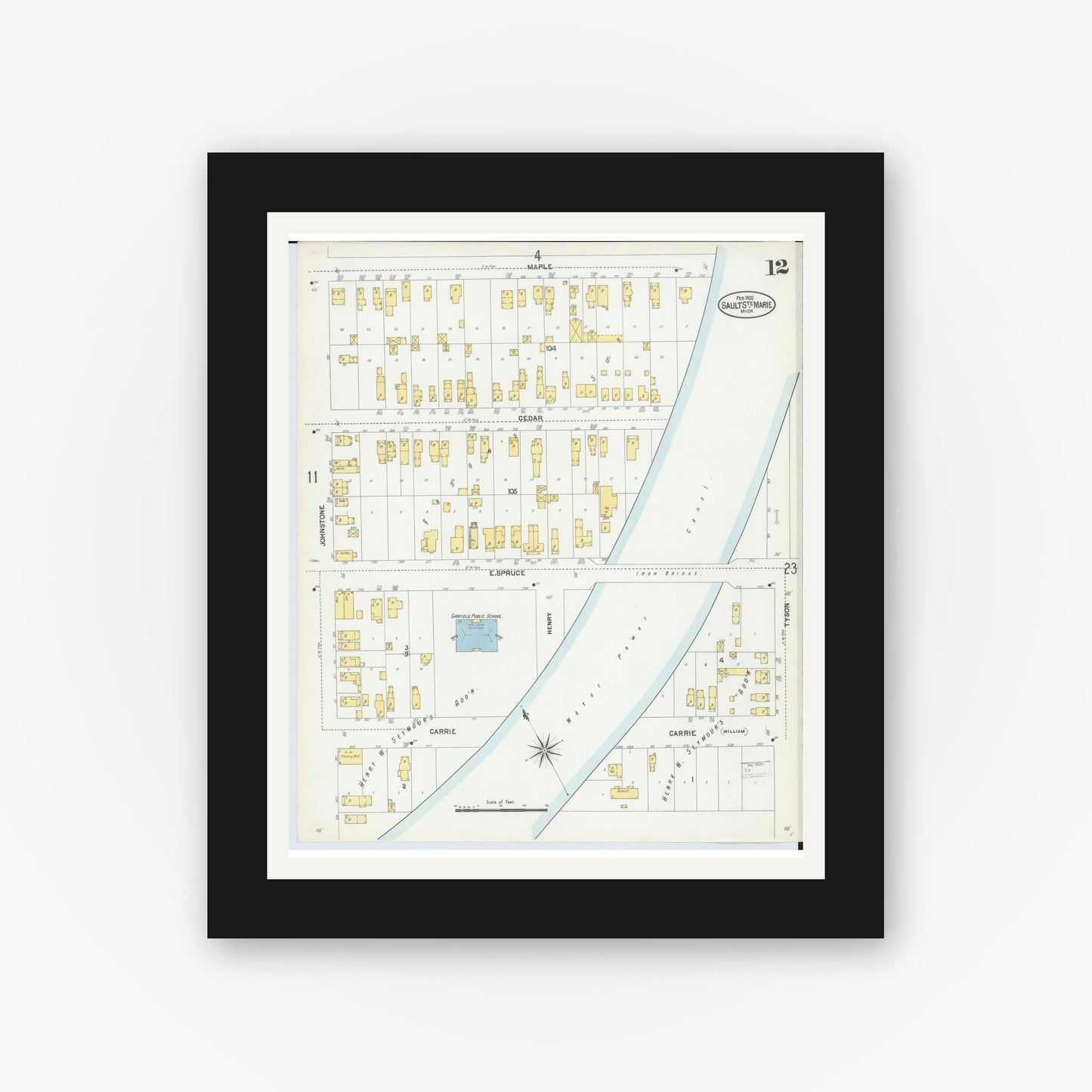 Old map wall art mockup — black gallery frame with white mat — Sanborn Fire Insurance Map from Sault Sainte Marie, Chippewa County, Michigan (1902), Sheet #0012