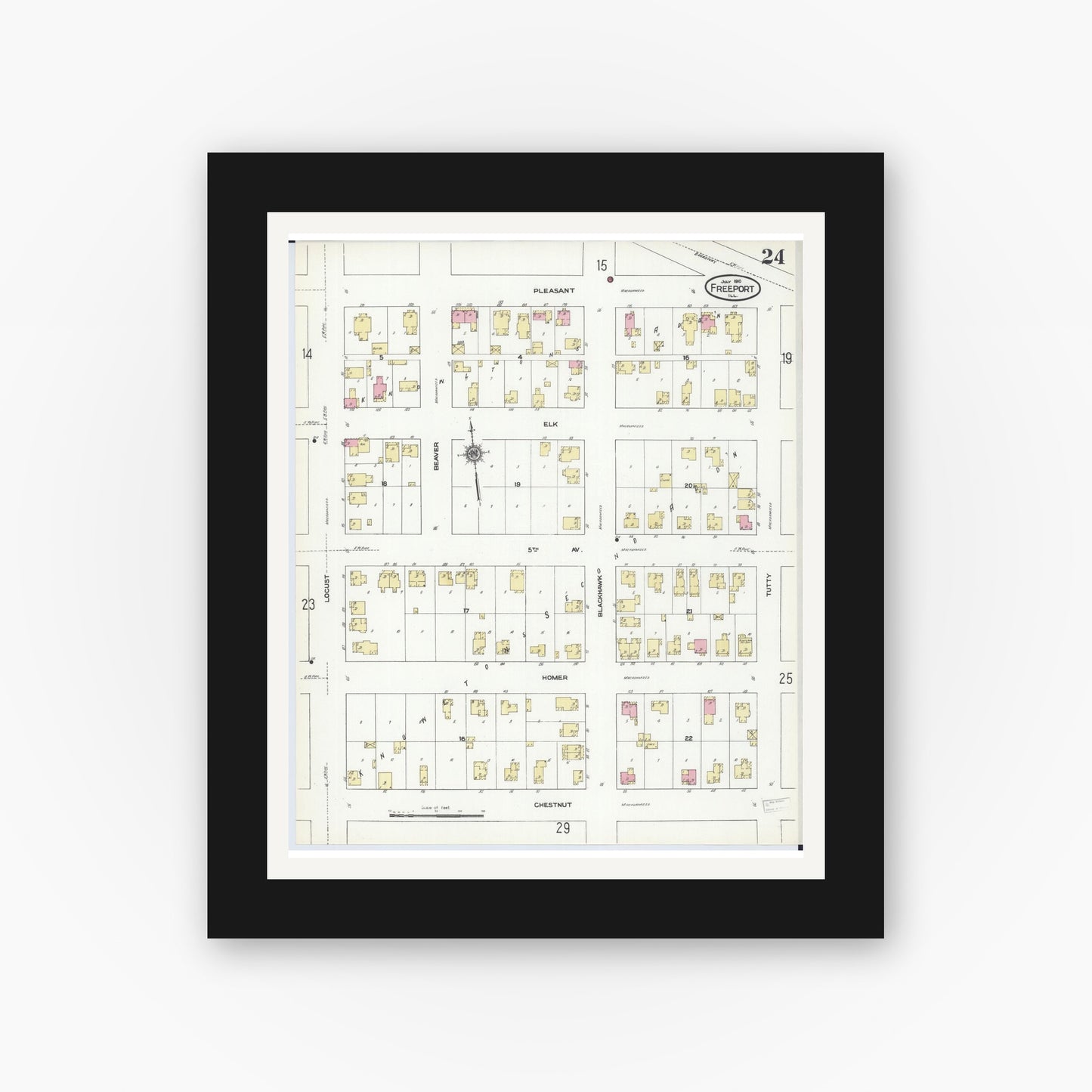 Old map wall art mockup — black gallery frame with white mat — Sanborn Fire Insurance Map from Freeport, Stephenson County, Illinois (1910), Sheet #0024
