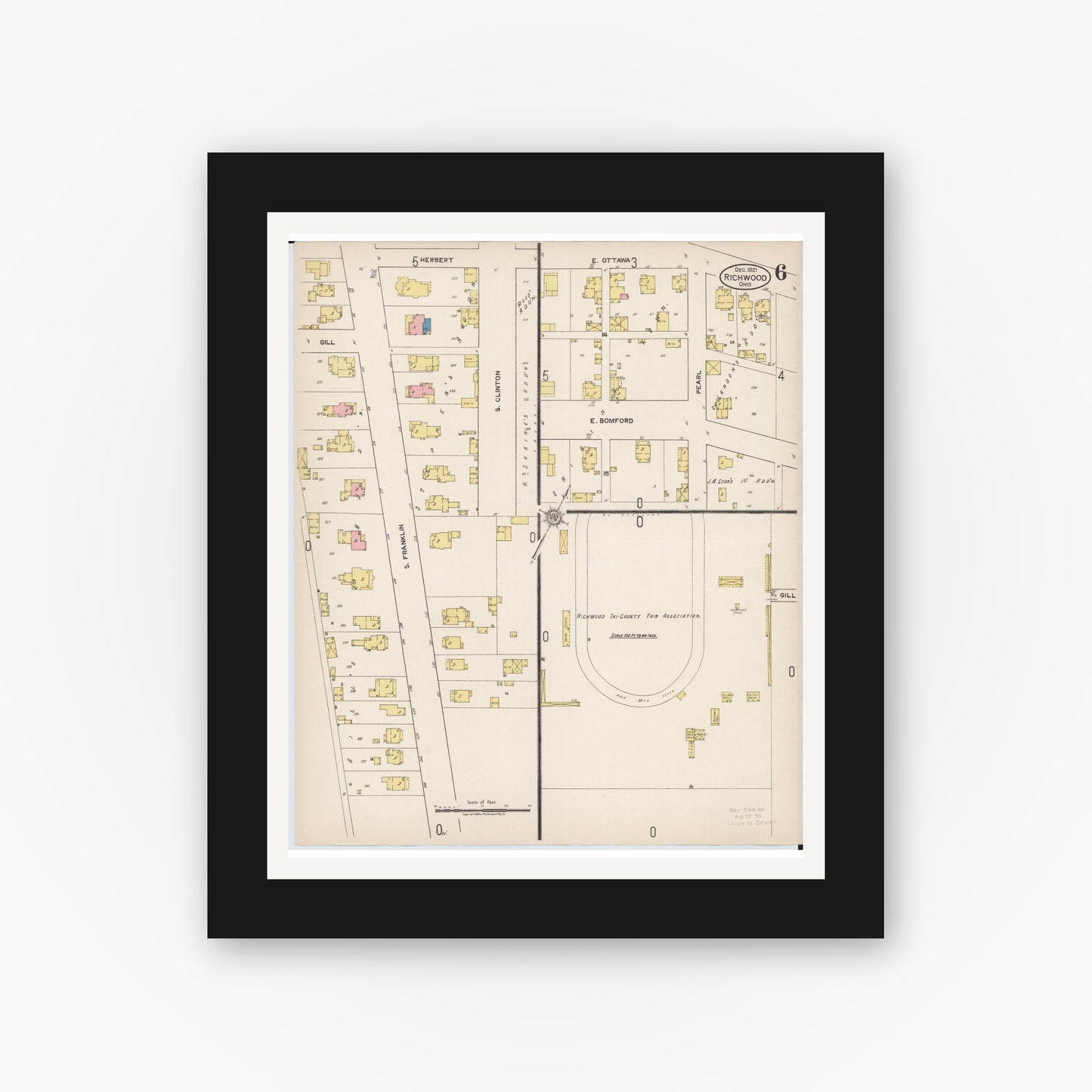 Old map wall art mockup — black gallery frame with white mat — Sanborn Fire Insurance Map from Richwood, Union County, Ohio (1921), Sheet #0006