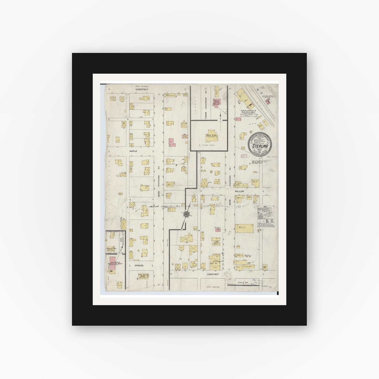 Old map wall art mockup — black gallery frame with white mat — Sanborn Fire Insurance Map from Sterling, Wayne County, Ohio (1911), Sheet #0001