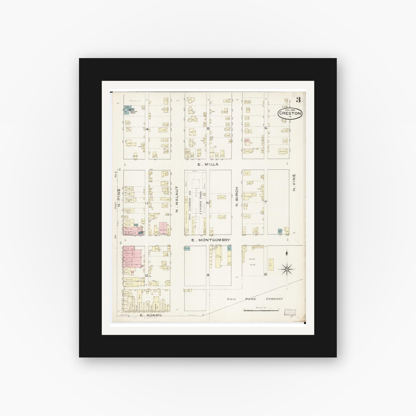 Old map wall art mockup — black gallery frame with white mat — Sanborn Fire Insurance Map from Creston, Union County, Iowa (1886), Sheet #0003