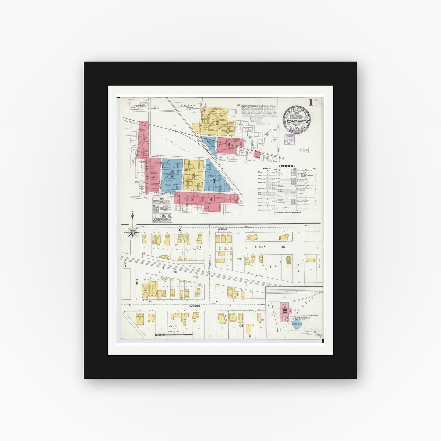 Old map wall art mockup — black gallery frame with white mat — Sanborn Fire Insurance Map from Chicago Junction, Huron County, Ohio (1904) - Complete Map Set