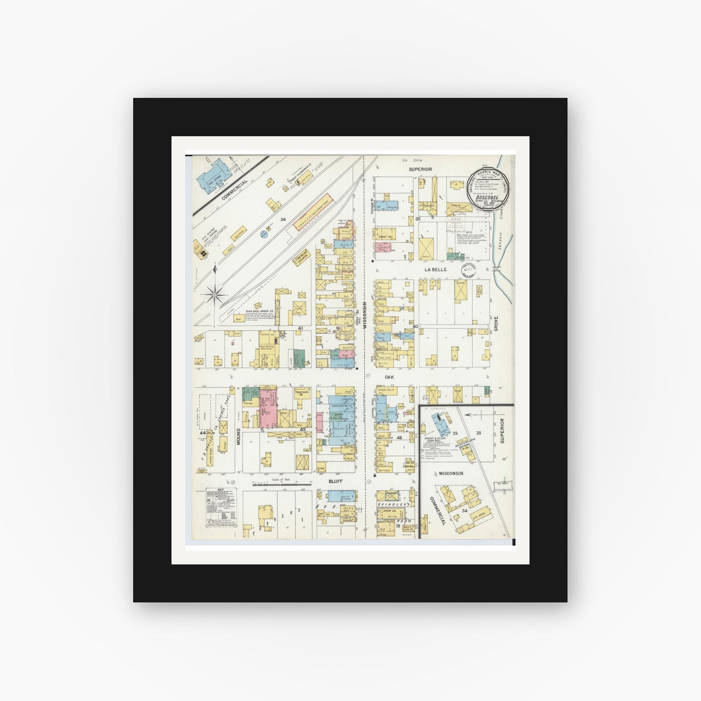 Old map wall art mockup — black gallery frame with white mat — Sanborn Fire Insurance Map from Boscobel, Grant County, Wisconsin (1899), Sheet #0001