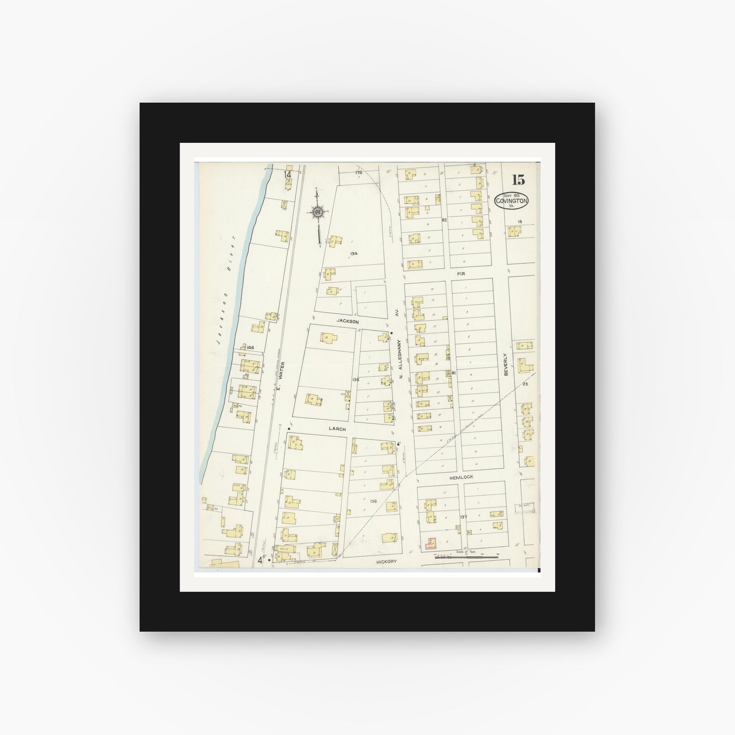 Old map wall art mockup — black gallery frame with white mat — Sanborn Fire Insurance Map from Covington, Independent Cities, Virginia (1913), Sheet #0015