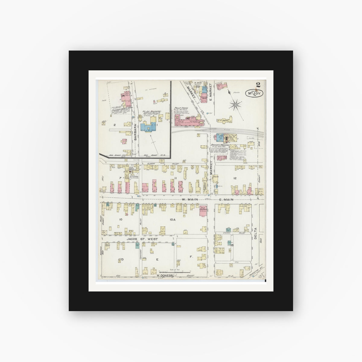 Old map wall art mockup — black gallery frame with white mat — Sanborn Fire Insurance Map from Mount Joy, Lancaster County, Pennsylvania (1891), Sheet #0002