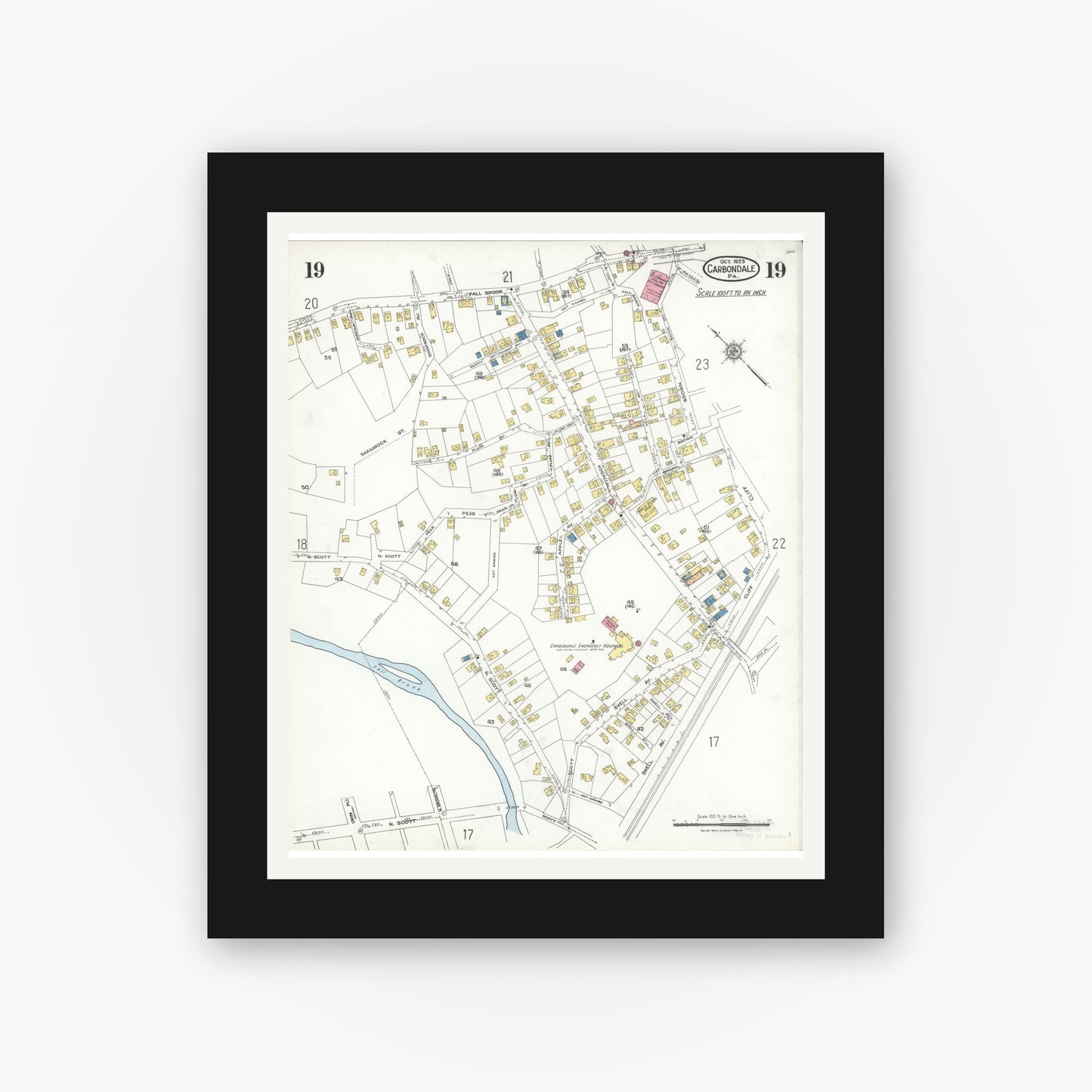 Old map wall art mockup — black gallery frame with white mat — Sanborn Fire Insurance Map from Carbondale, Lackawanna County, Pennsylvania (1923), Sheet #0019