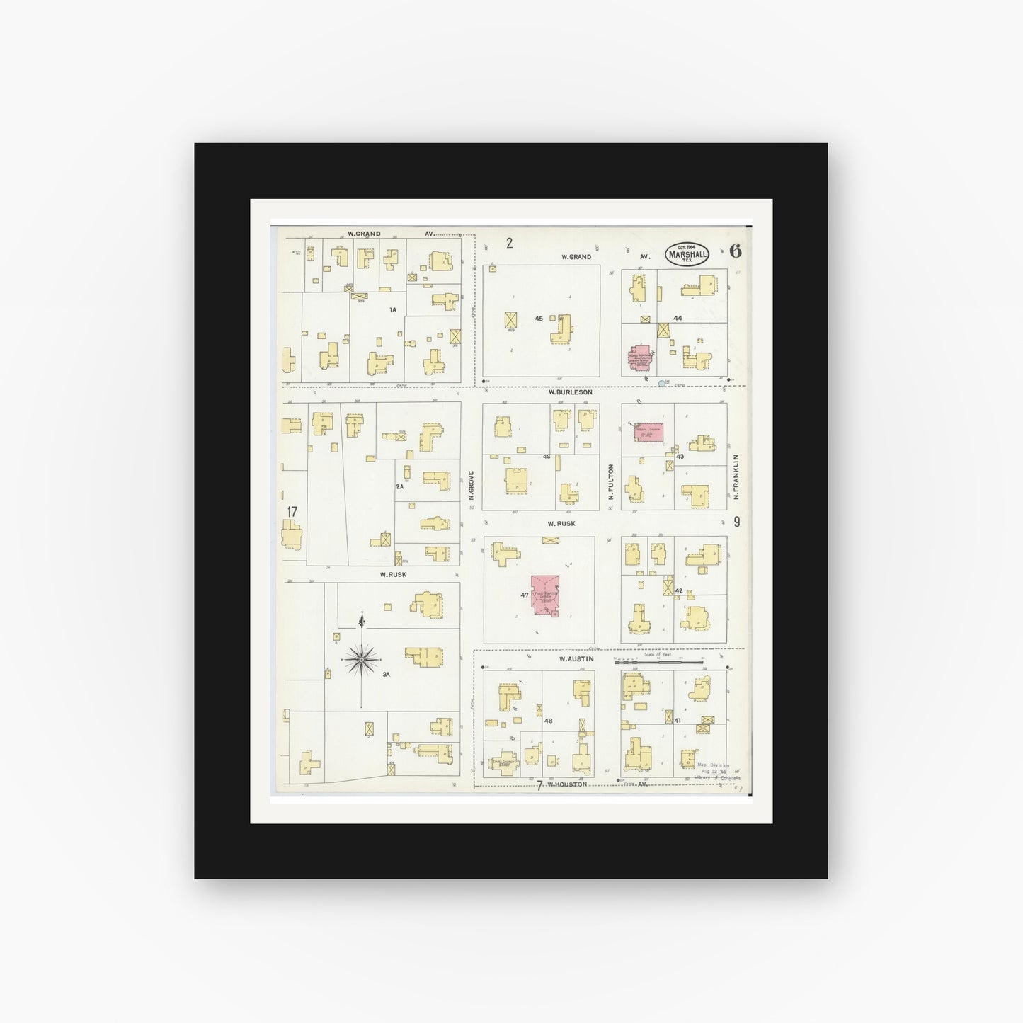 Old map wall art mockup — black gallery frame with white mat — Sanborn Fire Insurance Map from Marshall, Harrison County, Texas (1904), Sheet #0006