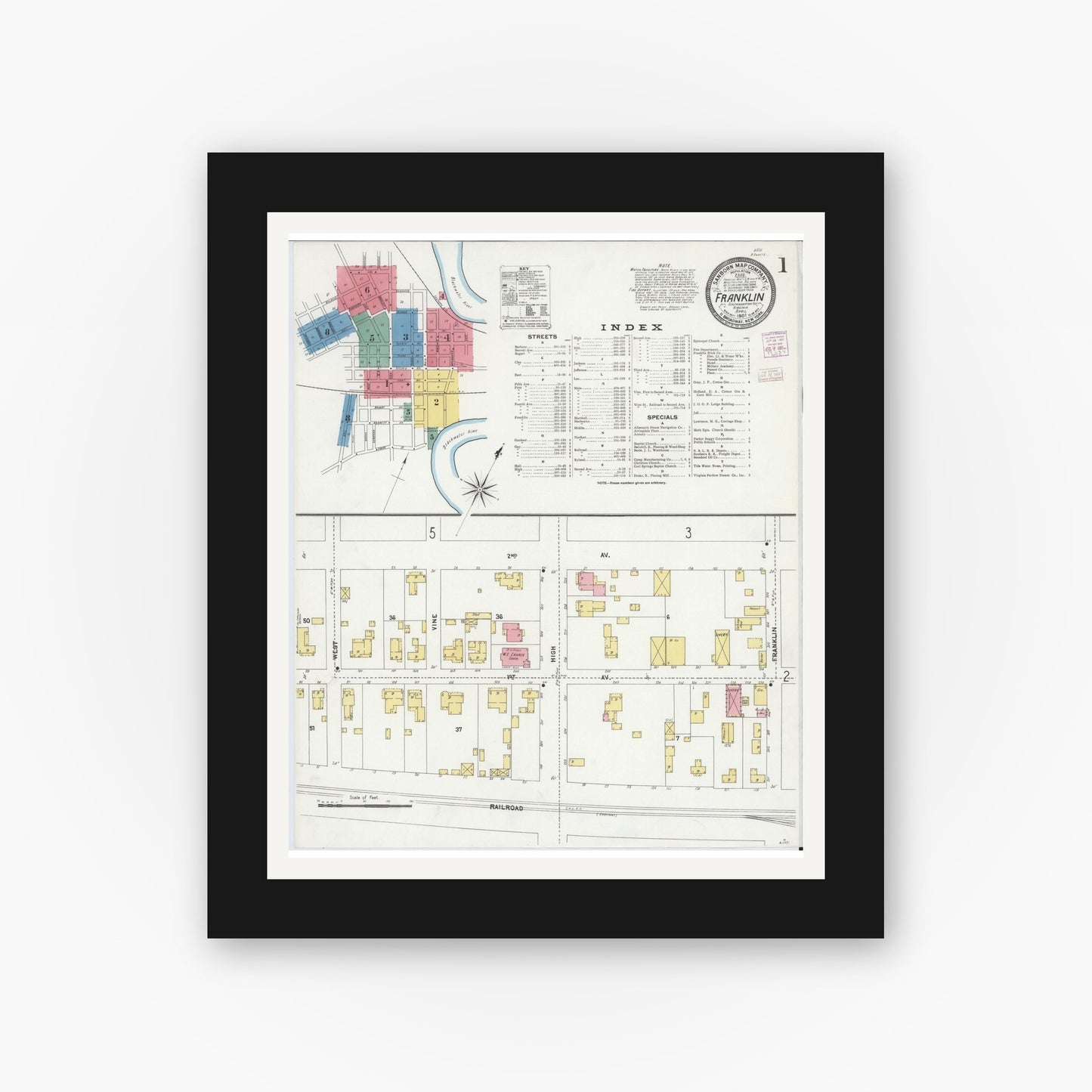 Old map wall art mockup — black gallery frame with white mat — Sanborn Fire Insurance Map from Franklin, Independent Cities, Virginia (1907) - Complete Map Set