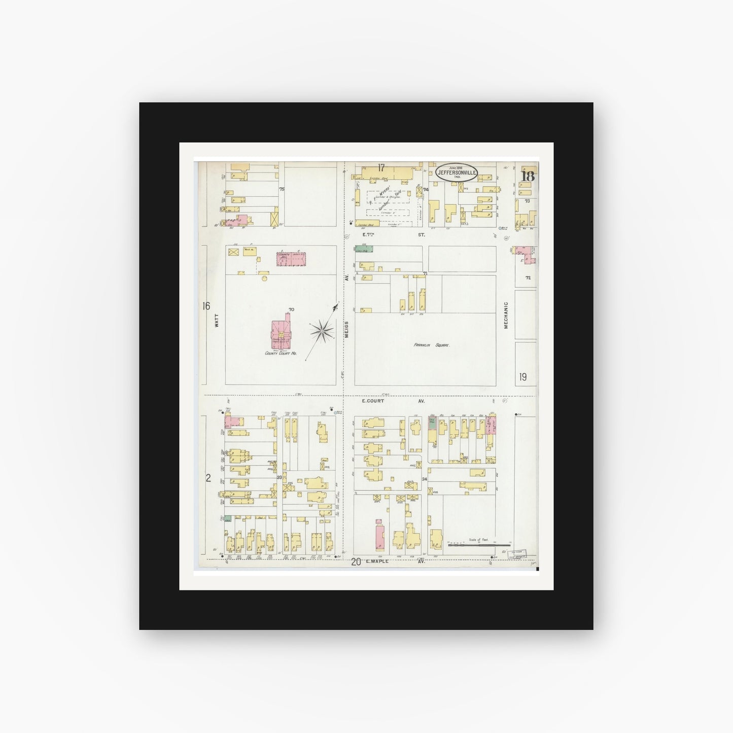 Old map wall art mockup — black gallery frame with white mat — Sanborn Fire Insurance Map from Jeffersonville, Clark County, Indiana (1898), Sheet #0018