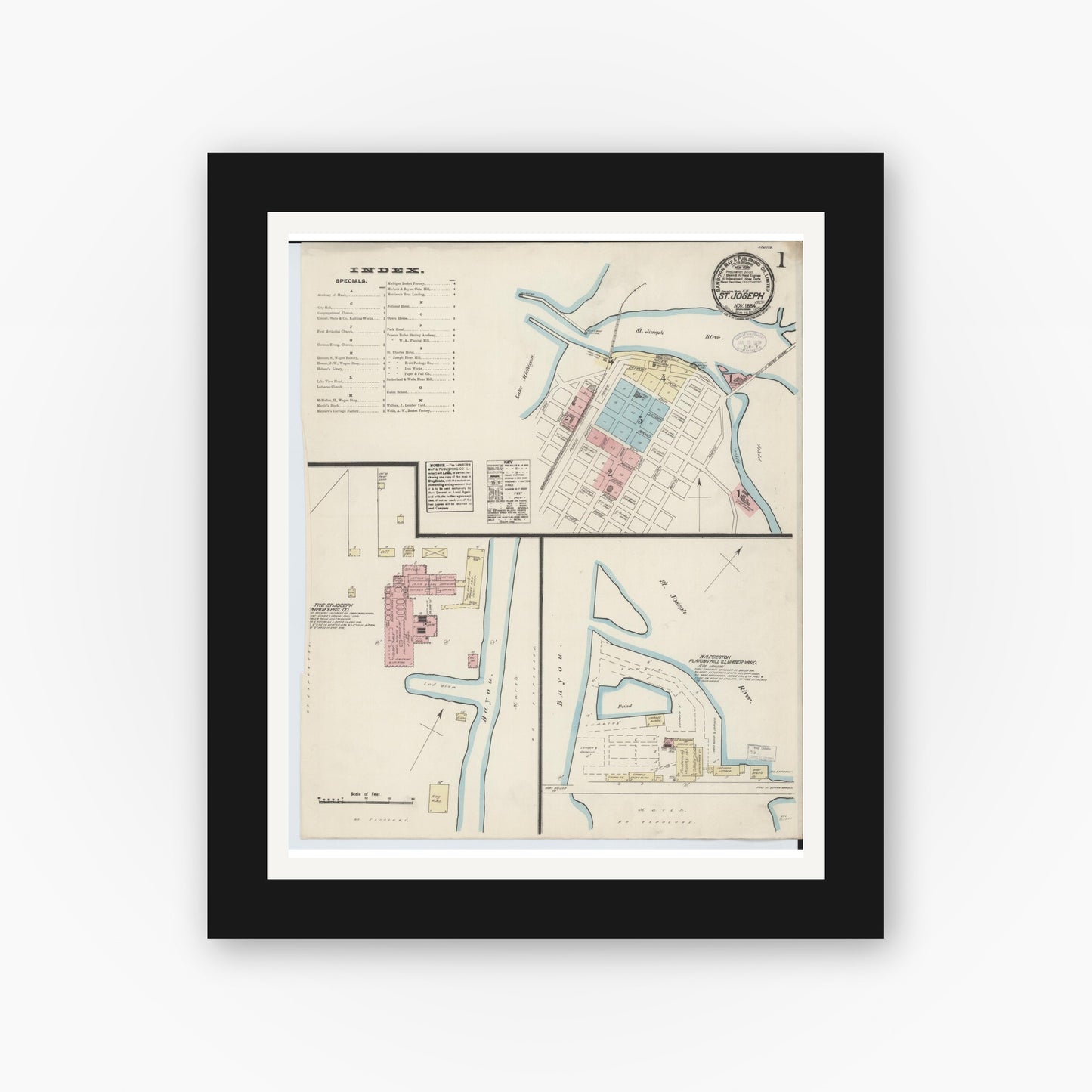 Old map wall art mockup — black gallery frame with white mat — Sanborn Fire Insurance Map from Saint Joseph, Berrien County, Michigan (1884) - Complete Map Set