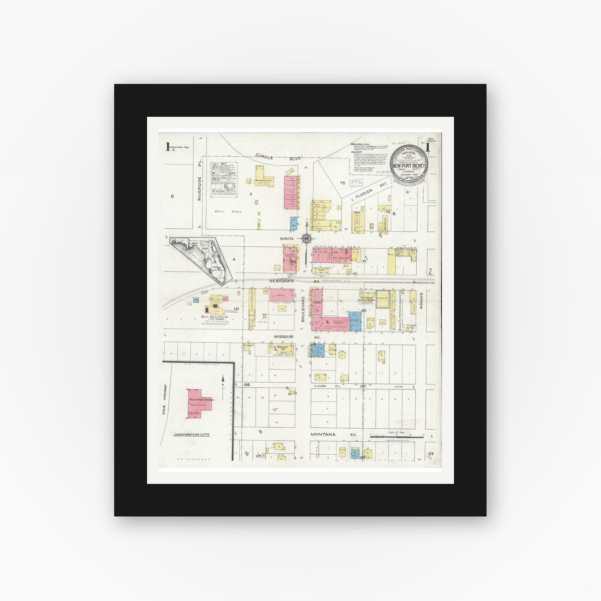 Old map wall art mockup — black gallery frame with white mat — Sanborn Fire Insurance Map from New Port Richey, Pasco County, Florida (1926) - Complete Map Set