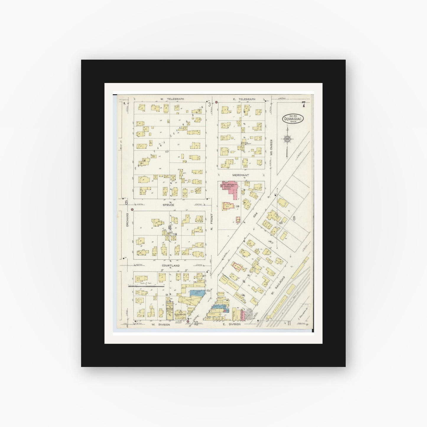 Old map wall art mockup — black gallery frame with white mat — Sanborn Fire Insurance Map from Dowagiac, Cass County, Michigan (1913), Sheet #0007