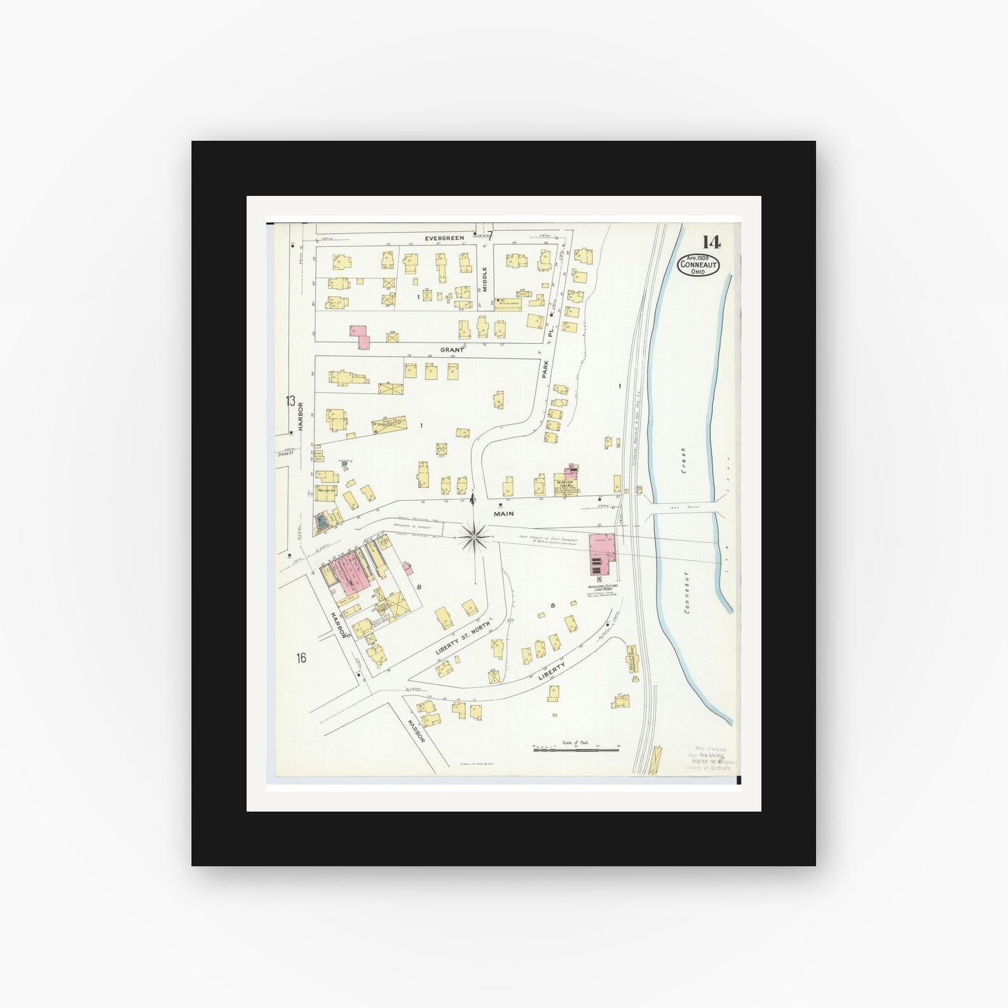 Old map wall art mockup — black gallery frame with white mat — Sanborn Fire Insurance Map from Conneaut, Ashtabula County, Ohio (1909), Sheet #0014