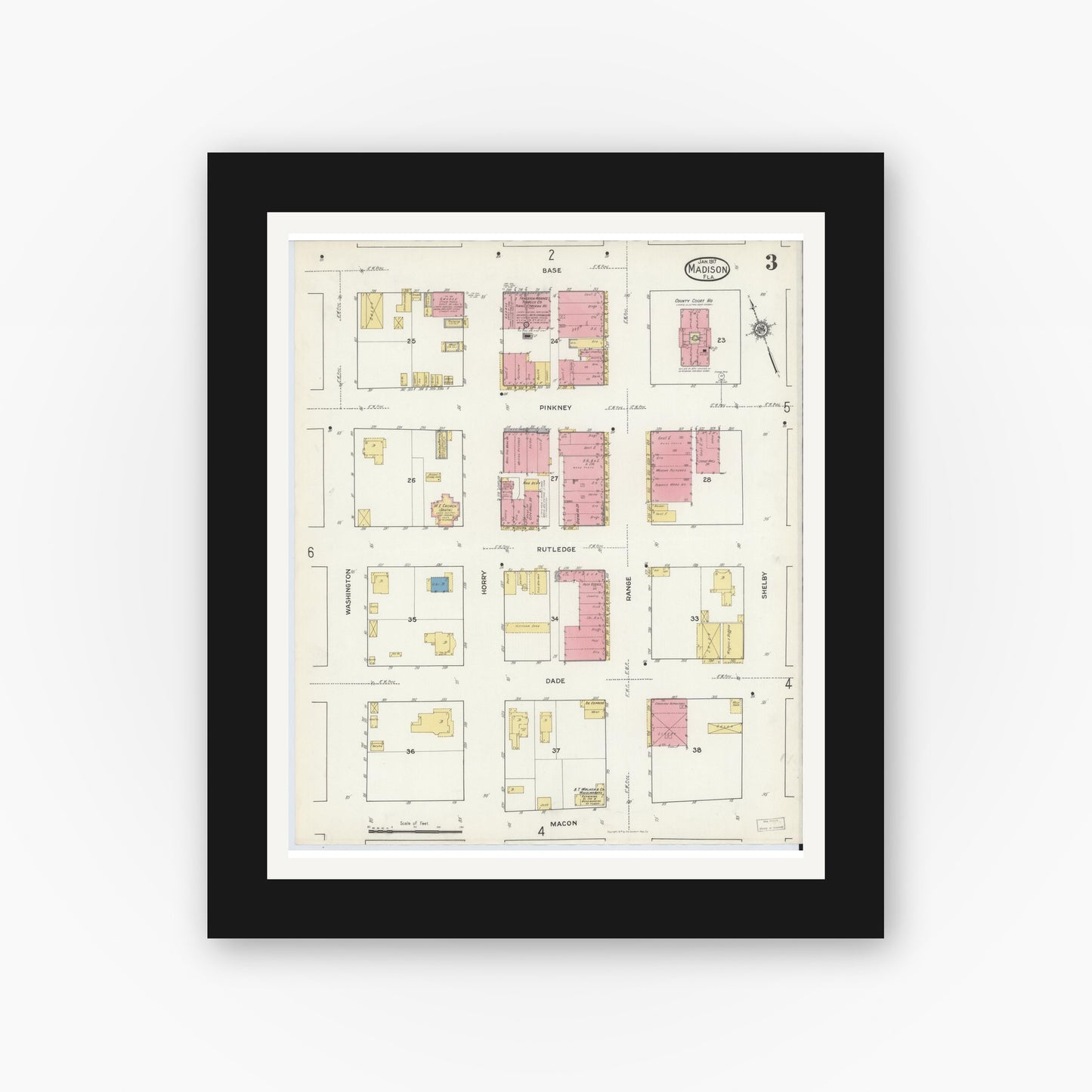 Old map wall art mockup — black gallery frame with white mat — Sanborn Fire Insurance Map from Madison, Madison County, Florida (1917), Sheet #0003