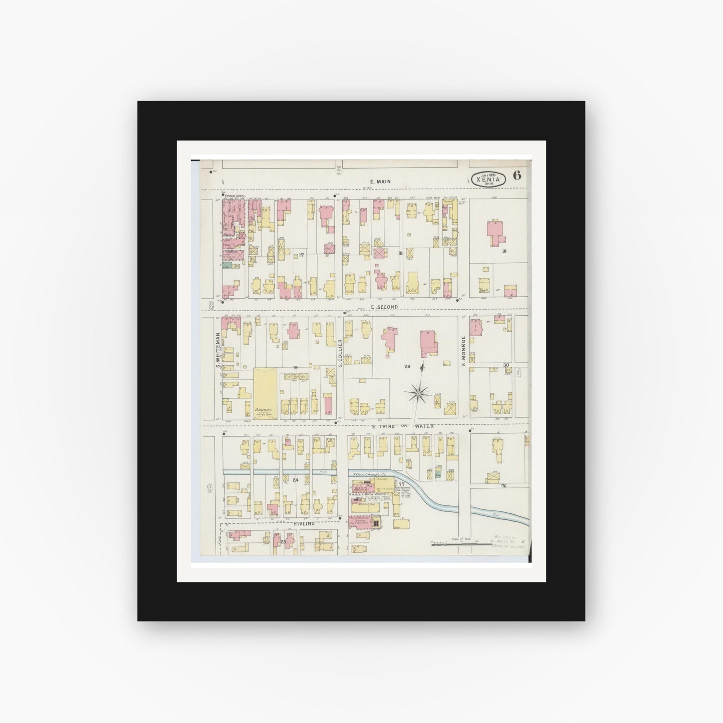 Old map wall art mockup — black gallery frame with white mat — Sanborn Fire Insurance Map from Xenia, Greene County, Ohio (1895), Sheet #0006