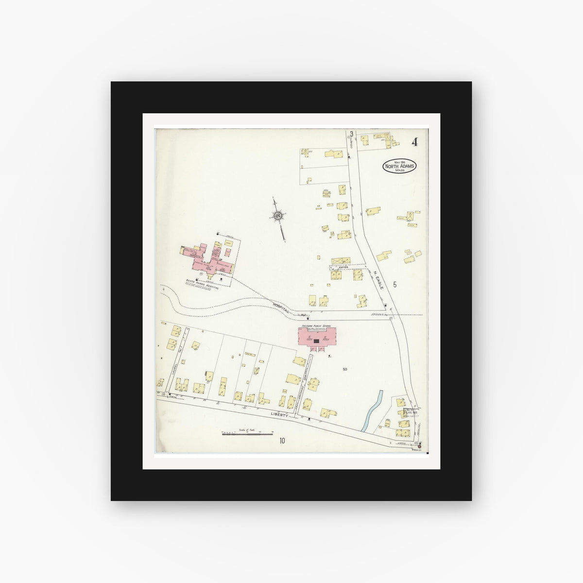 Old map wall art mockup — black gallery frame with white mat — Sanborn Fire Insurance Map from North Adams, Berkshire County, Massachusetts (1914), Sheet #0004