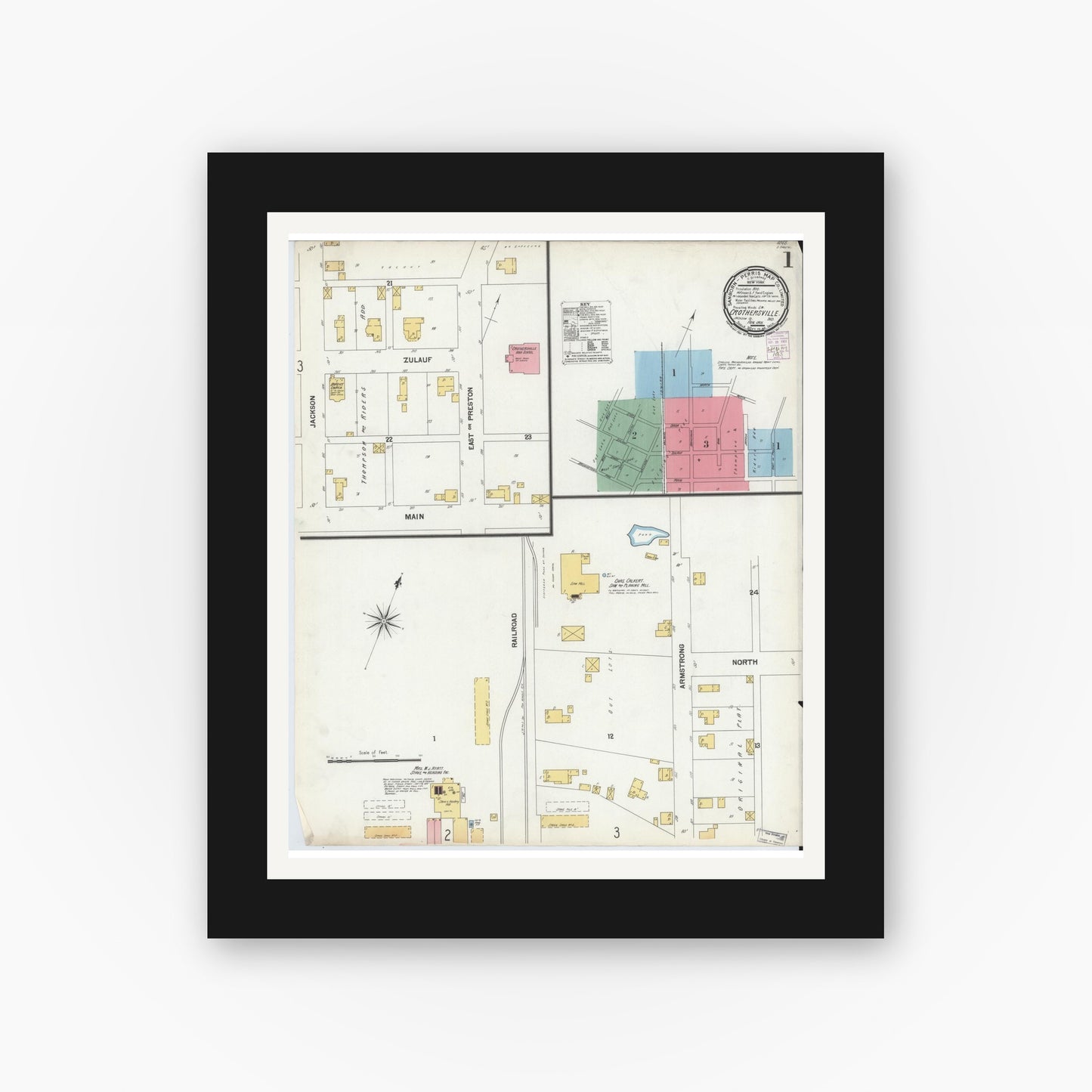 Old map wall art mockup — black gallery frame with white mat — Sanborn Fire Insurance Map from Crothersville, Jackson County, Indiana (1901) - Complete Map Set