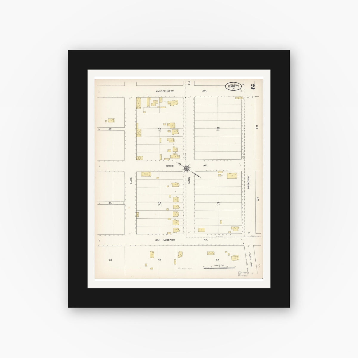 Old map wall art mockup — black gallery frame with white mat — Sanborn Fire Insurance Map from King City, Monterey County, California (1910), Sheet #0002