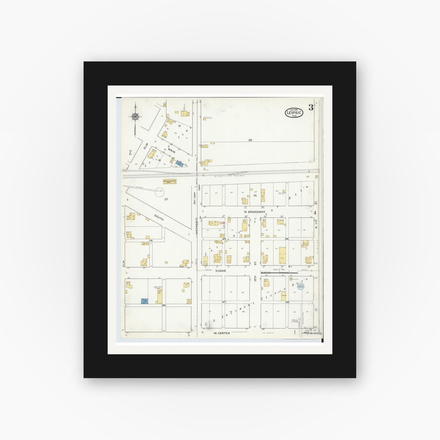 Old map wall art mockup — black gallery frame with white mat — Sanborn Fire Insurance Map from Leipsic, Putnam County, Ohio (1916), Sheet #0003