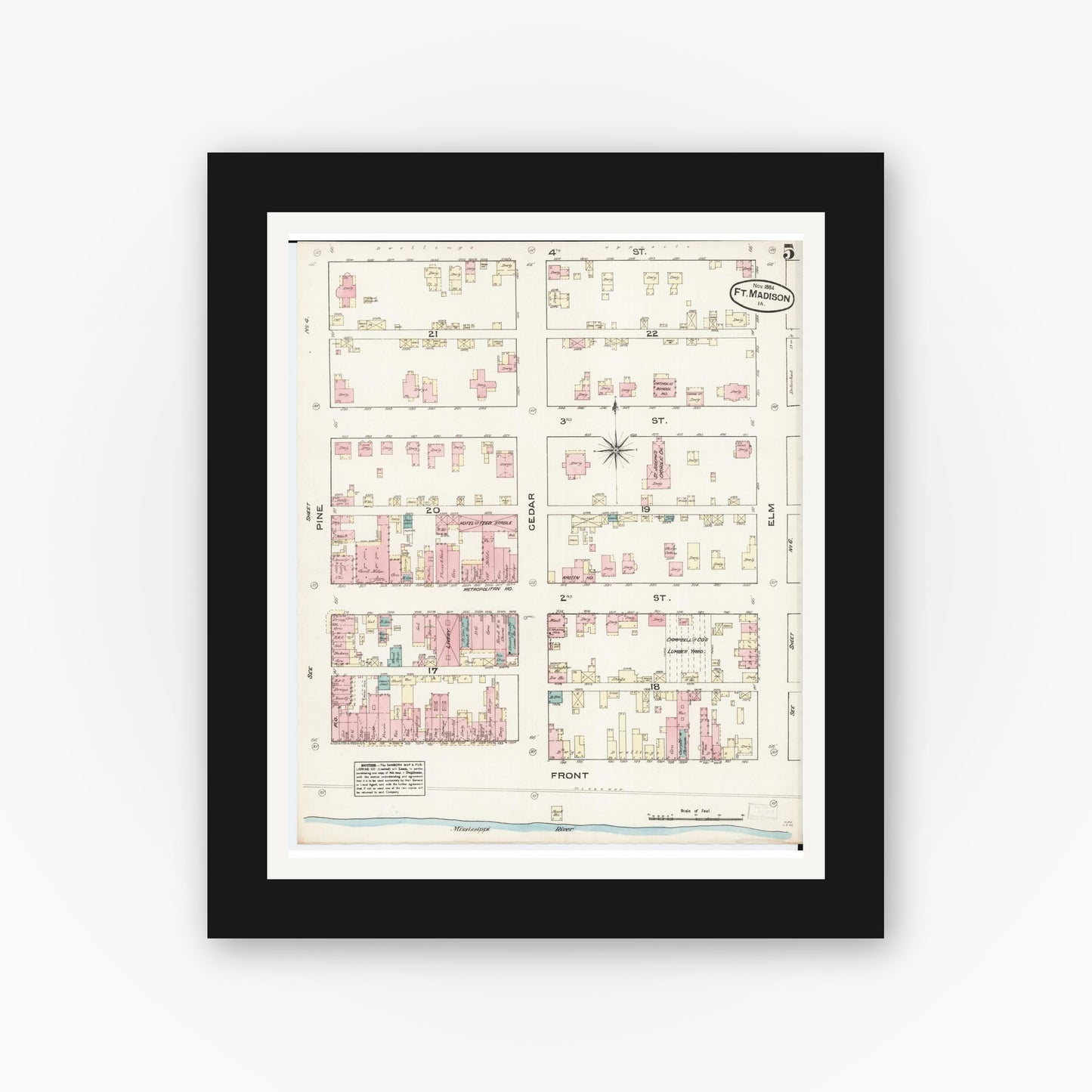 Old map wall art mockup — black gallery frame with white mat — Sanborn Fire Insurance Map from Fort Madison, Lee County, Iowa (1884), Sheet #0005