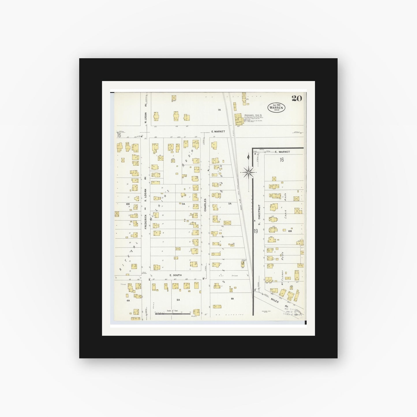 Old map wall art mockup — black gallery frame with white mat — Sanborn Fire Insurance Map from Warren, Trumbull County, Ohio (1908), Sheet #0020