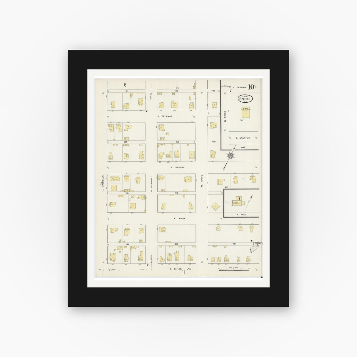 Old map wall art mockup — black gallery frame with white mat — Sanborn Fire Insurance Map from Ennis, Ellis County, Texas (1915), Sheet #0010