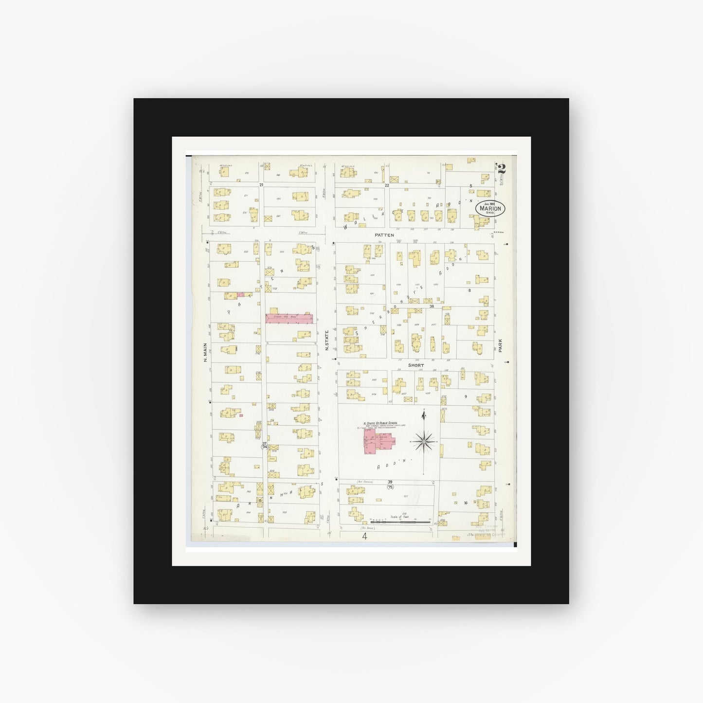 Old map wall art mockup — black gallery frame with white mat — Sanborn Fire Insurance Map from Marion, Marion County, Ohio (1908), Sheet #0002
