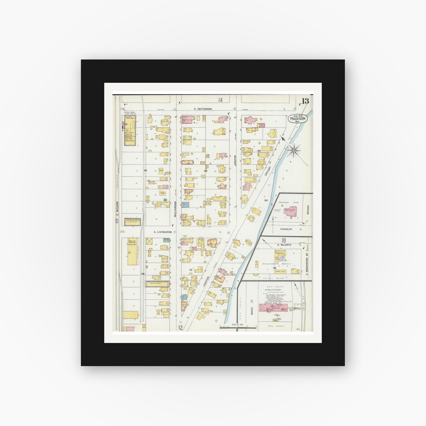 Old map wall art mockup — black gallery frame with white mat — Sanborn Fire Insurance Map from Madison, Dane County, Wisconsin (1902), Sheet #0013