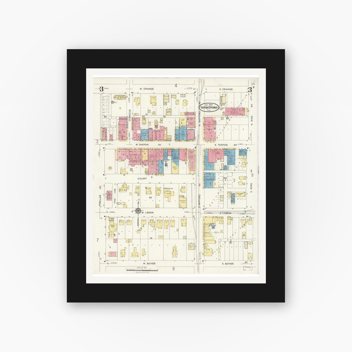 Old map wall art mockup — black gallery frame with white mat — Sanborn Fire Insurance Map from Tarpon Springs, Pinellas County, Florida (1926), Sheet #0003