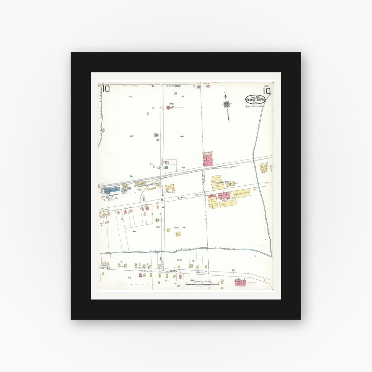 Old map wall art mockup — black gallery frame with white mat — Sanborn Fire Insurance Map from Kennett Square, Chester County, Pennsylvania (1923), Sheet #0010