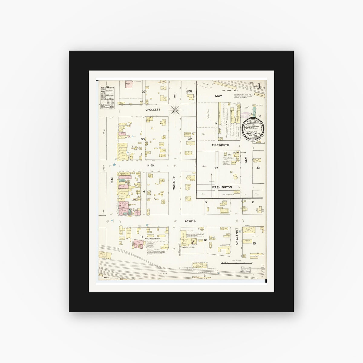 Old map wall art mockup — black gallery frame with white mat — Sanborn Fire Insurance Map from Avoca, Pottawattamie County, Iowa (1888) — Complete Set