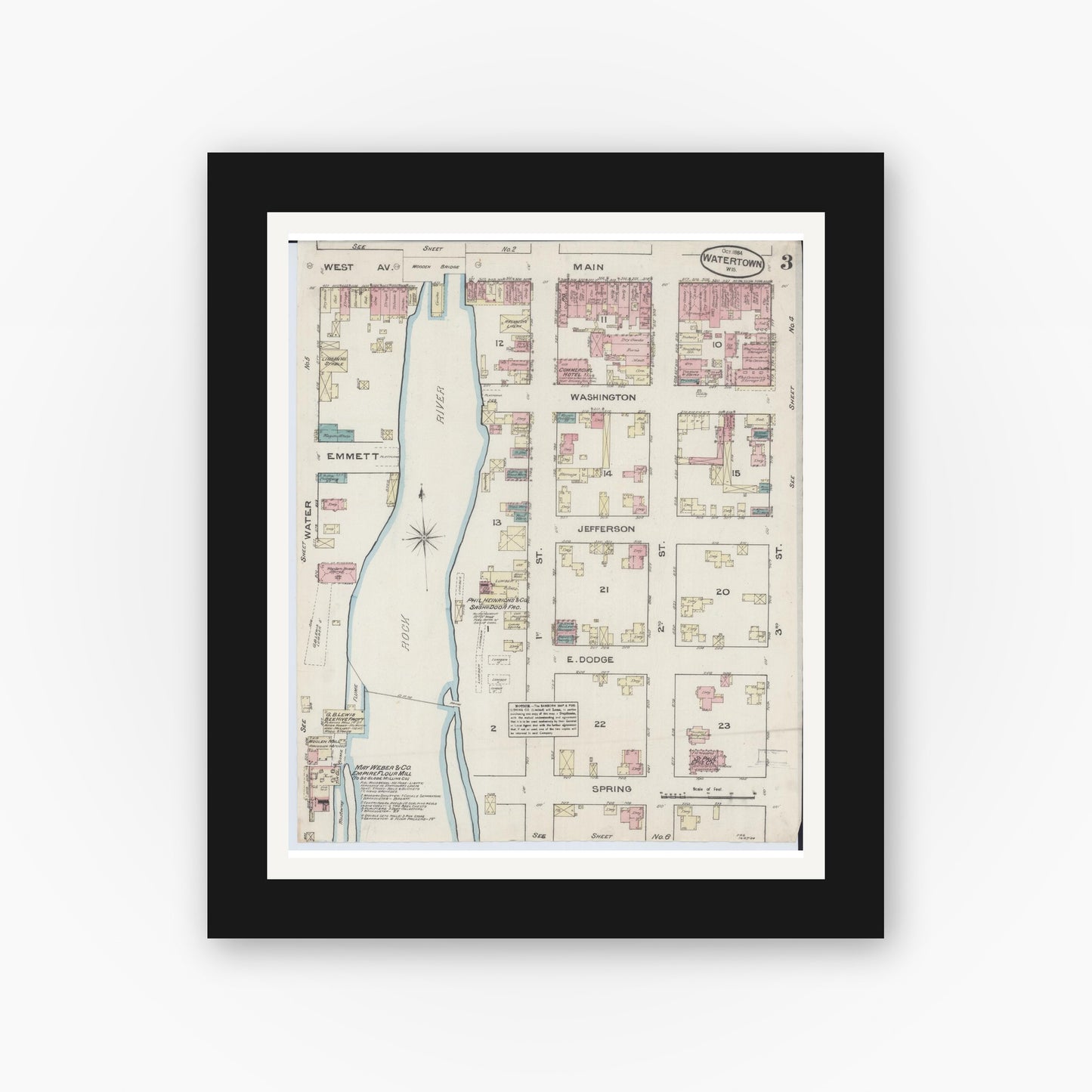 Old map wall art mockup — black gallery frame with white mat — Sanborn Fire Insurance Map from Watertown, Jefferson County, Wisconsin (1884), Sheet #0003