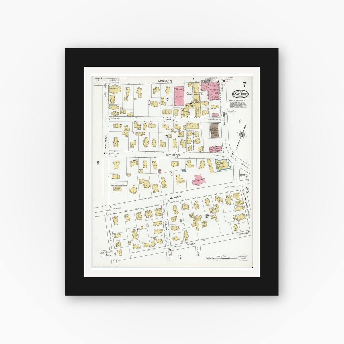 Old map wall art mockup — black gallery frame with white mat — Sanborn Fire Insurance Map from Marlborough, Middlesex County, Massachusetts (1920), Sheet #0007