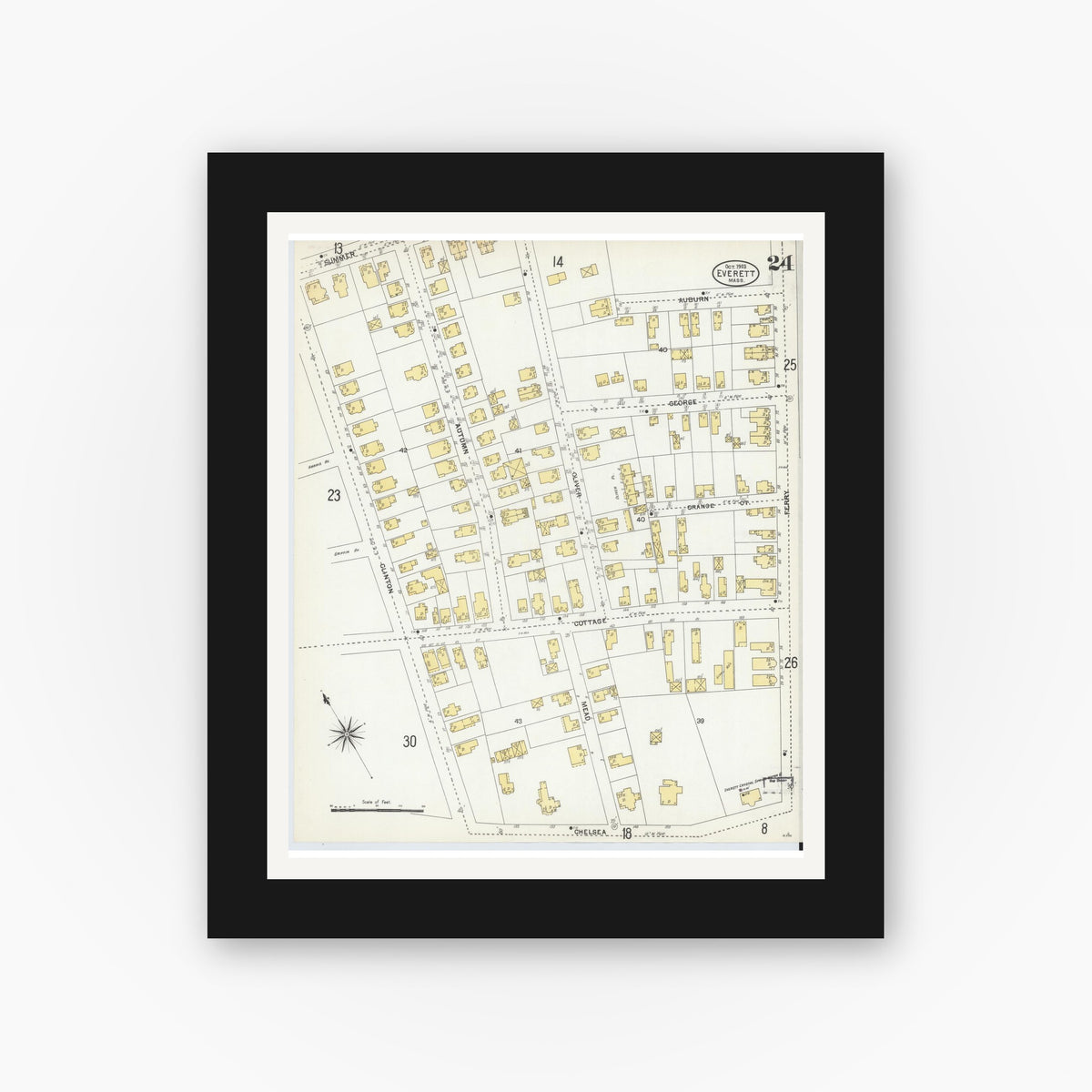 Old map wall art mockup — black gallery frame with white mat — Sanborn Fire Insurance Map from Everett, Middlesex County, Massachusetts (1903), Sheet #0024