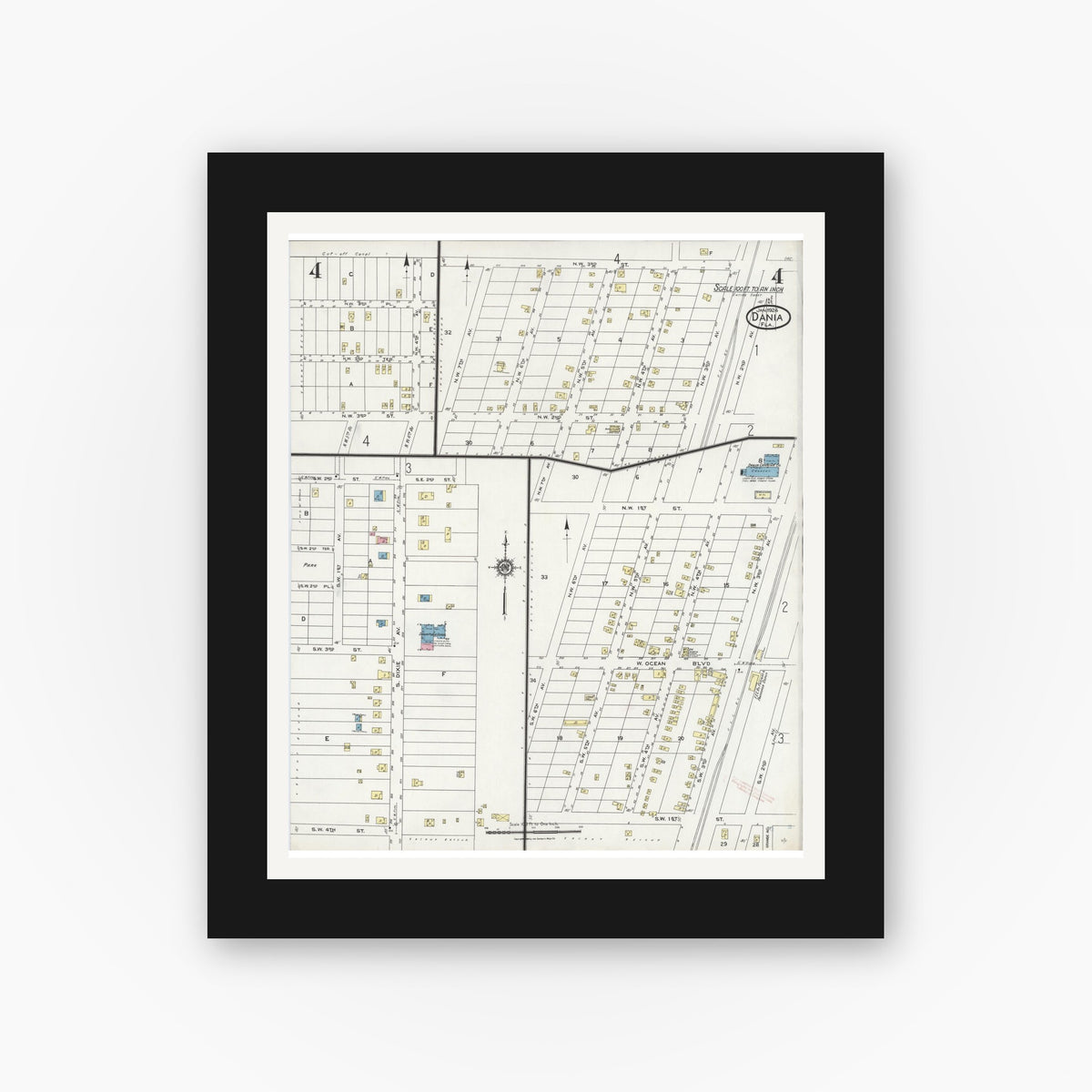Old map wall art mockup — black gallery frame with white mat — Sanborn Fire Insurance Map from Dania, Broward County, Florida (1924), Sheet #0004