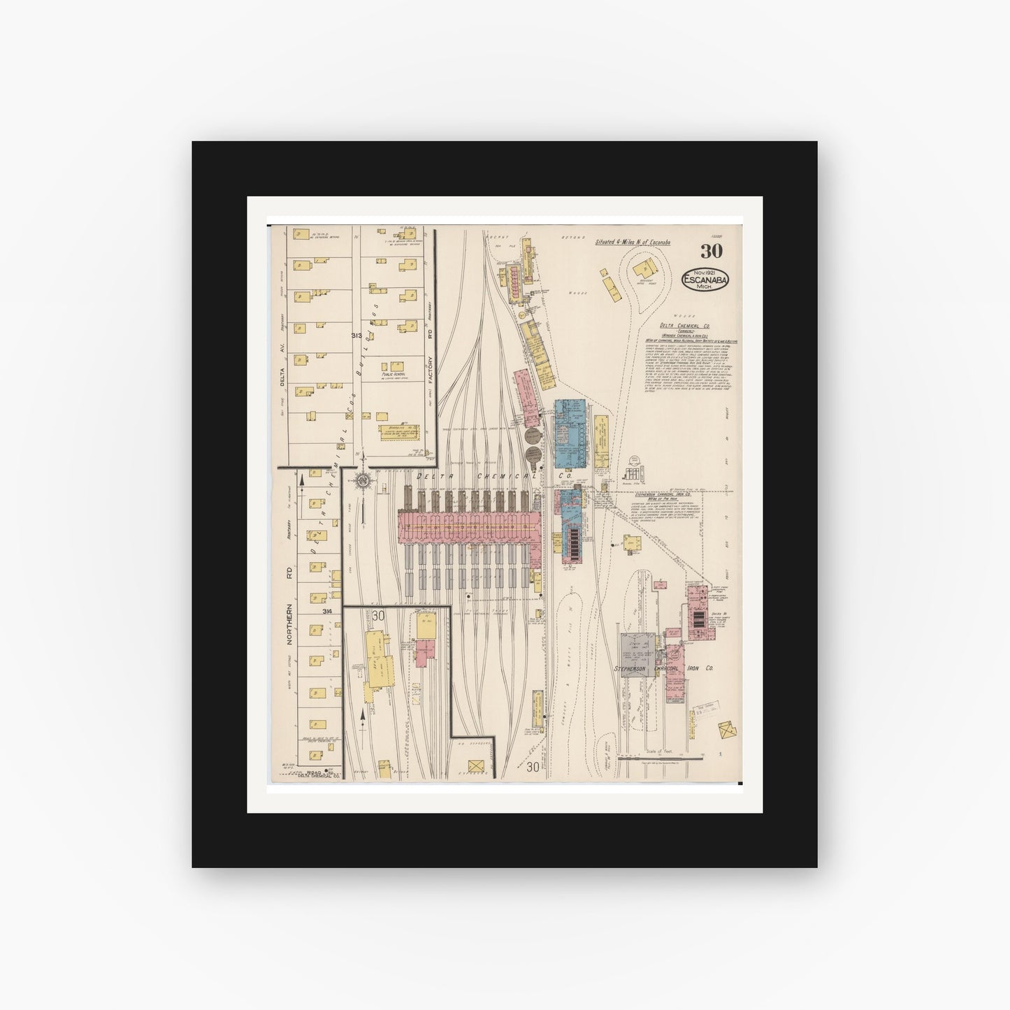 Old map wall art mockup — black gallery frame with white mat — Sanborn Fire Insurance Map from Escanaba, Delta County, Michigan (1921), Sheet #0030